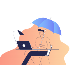 A man working on his desk covered with an umbrella